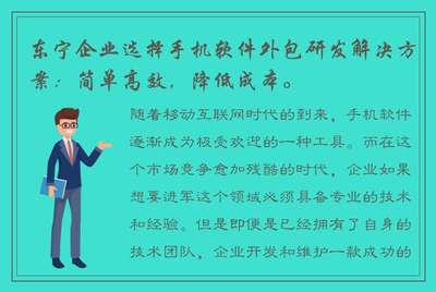 東寧企業(yè)選擇手機(jī)軟件外包研發(fā) 實(shí)現(xiàn)移動(dòng)互聯(lián)網(wǎng)高效開(kāi)發(fā)與低成本維護(hù)的解決方案